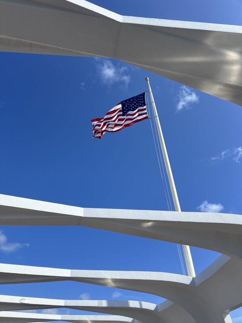 A flag flying on top of a pole in the sky.